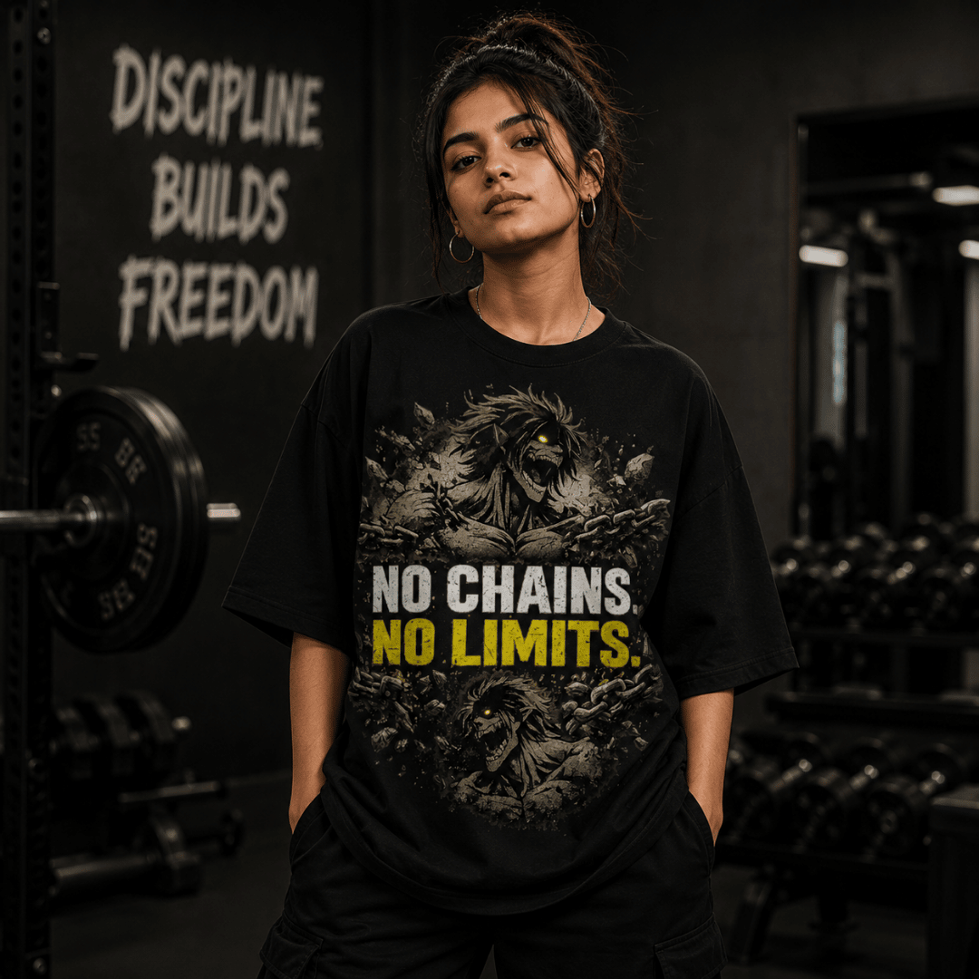 No Chains. No Limits Oversized T-Shirt – Attack on Titan Inspired Gym Graphic Tee
