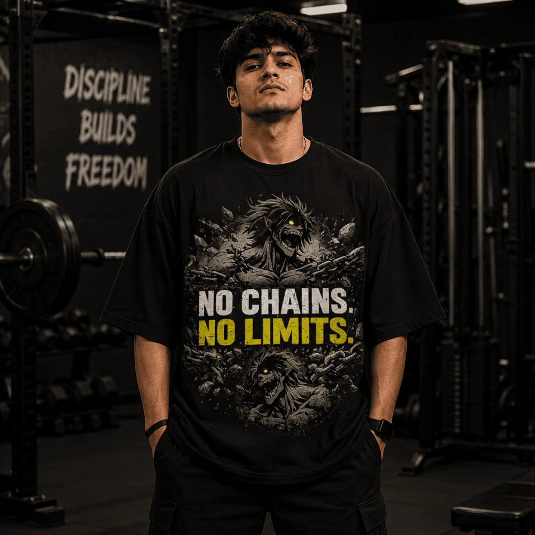 No Chains. No Limits Oversized T-Shirt – Attack on Titan Inspired Gym Graphic Tee