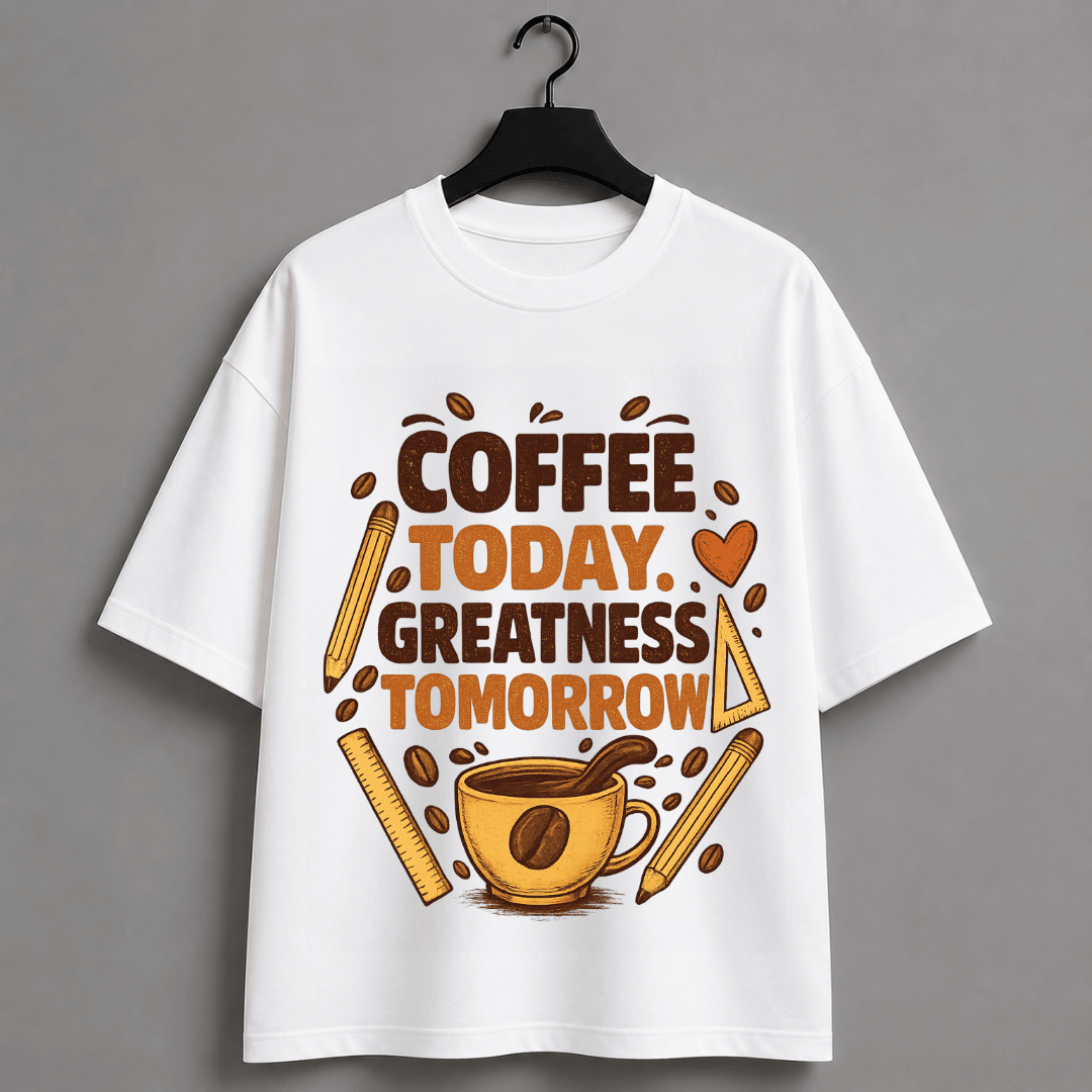 Coffee Today Greatness Tomorrow Oversized T-Shirt | Coffee Lover Motivational Graphic Tee