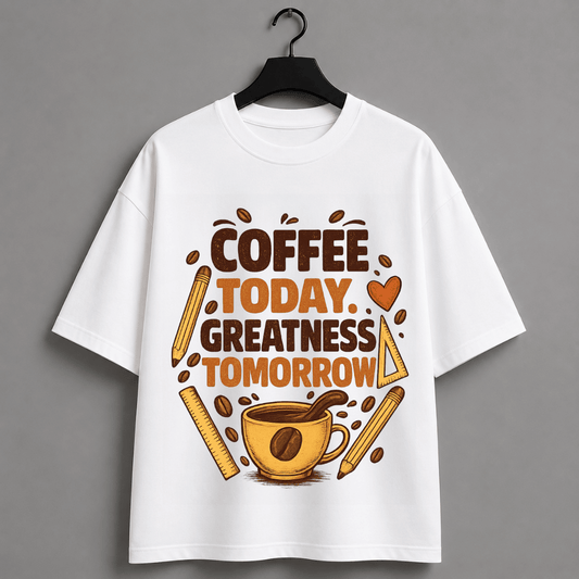Coffee Today Greatness Tomorrow Oversized T-Shirt | Coffee Lover Motivational Graphic Tee