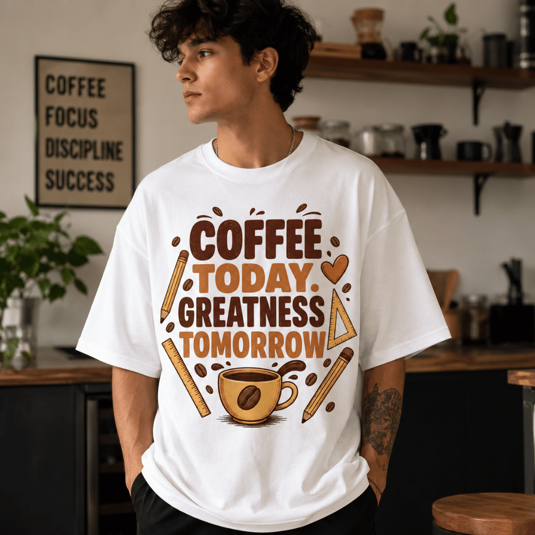 Coffee Today Greatness Tomorrow Oversized T-Shirt | Coffee Lover Motivational Graphic Tee