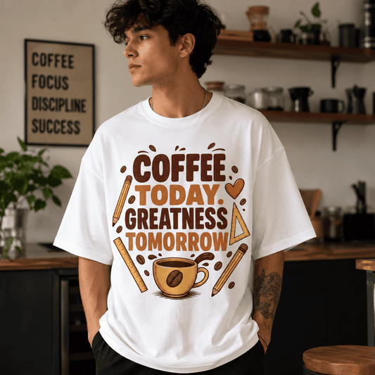 Coffee Today Greatness Tomorrow Oversized T-Shirt | Coffee Lover Motivational Graphic Tee