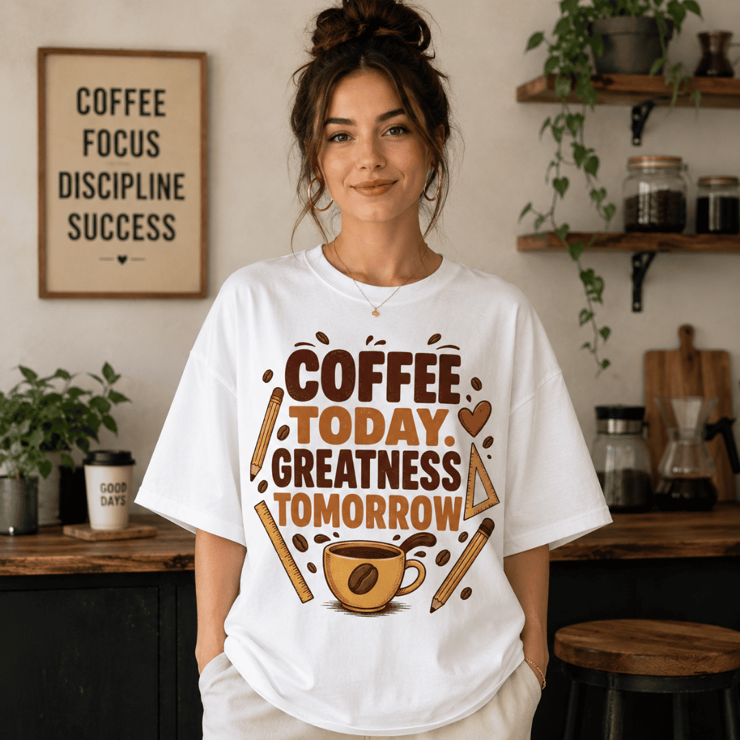 Coffee Today Greatness Tomorrow Oversized T-Shirt | Coffee Lover Motivational Graphic Tee