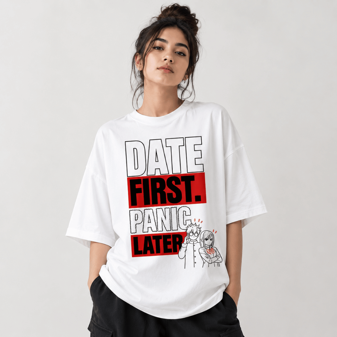 Date First Panic Later Oversized Anime T-Shirt | Funny Dan Da Dan Inspired Unisex Graphic Tee for Couples