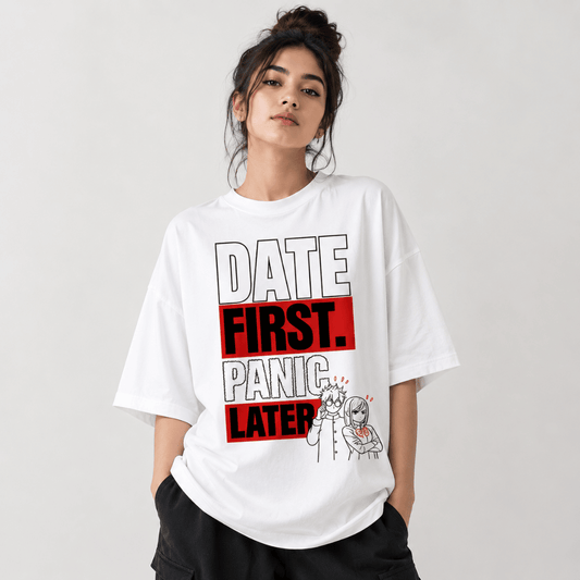 Date First Panic Later Oversized Anime T-Shirt | Funny Dan Da Dan Inspired Unisex Graphic Tee for Couples