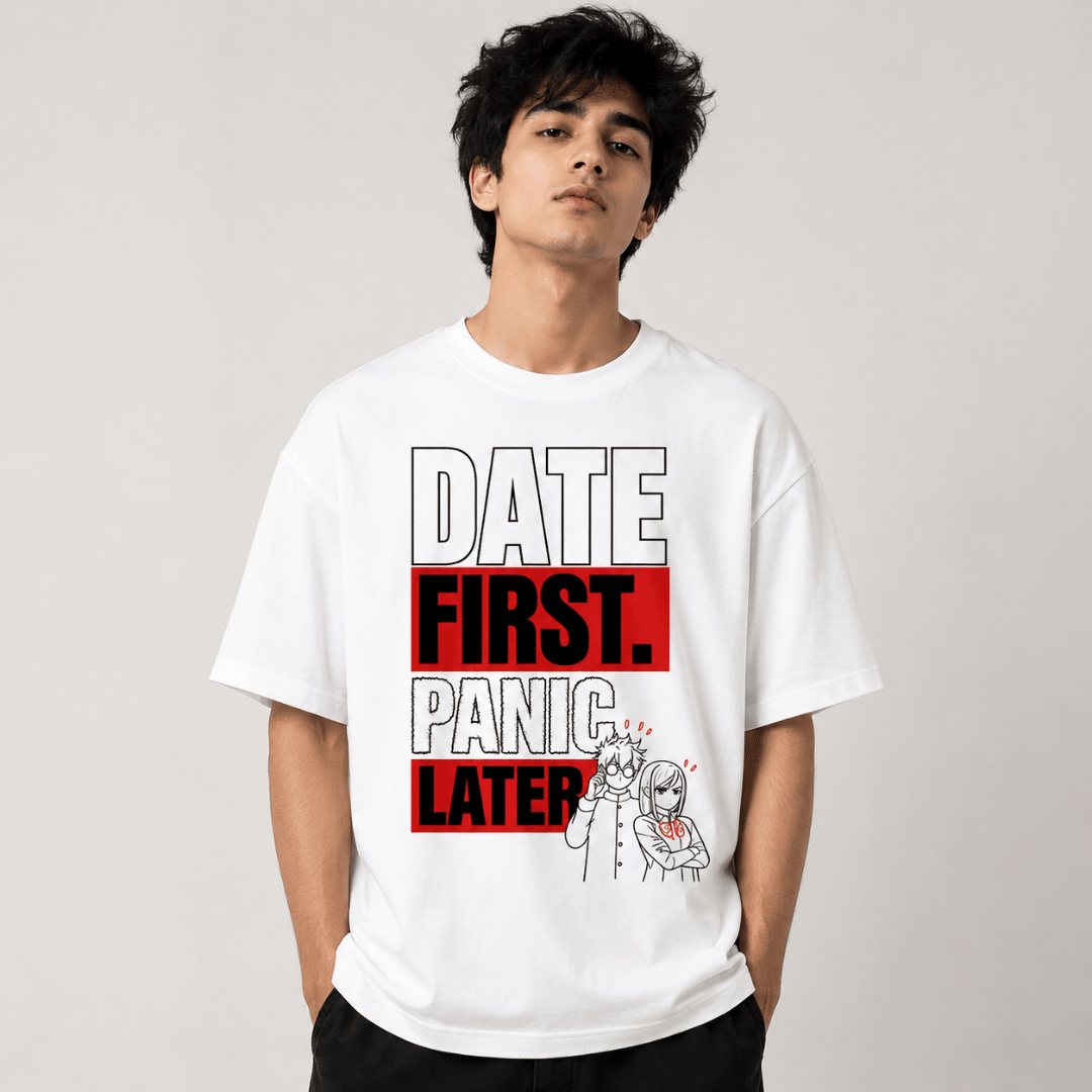 Date First Panic Later Oversized Anime T-Shirt | Funny Dan Da Dan Inspired Unisex Graphic Tee for Couples