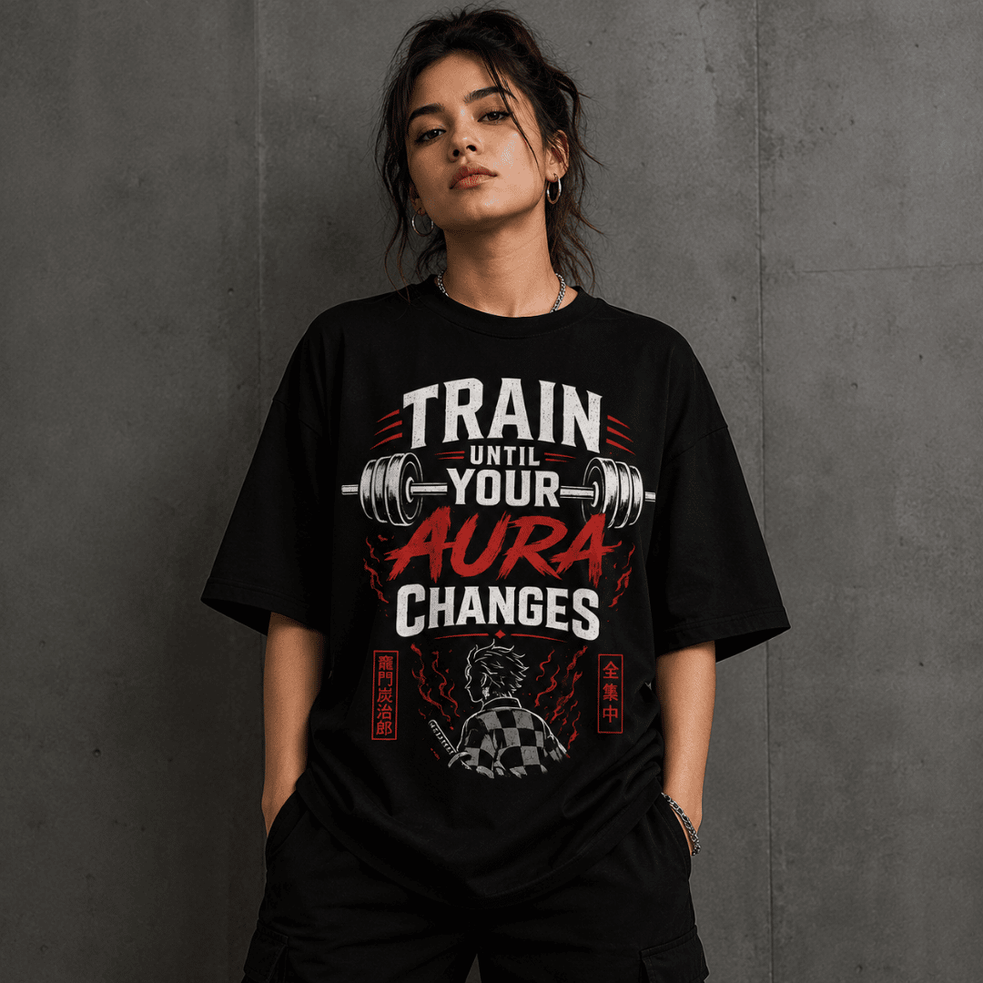 Train Until Your Aura Changes Oversized T-Shirt – Demon Slayer Inspired Gym Anime Tee
