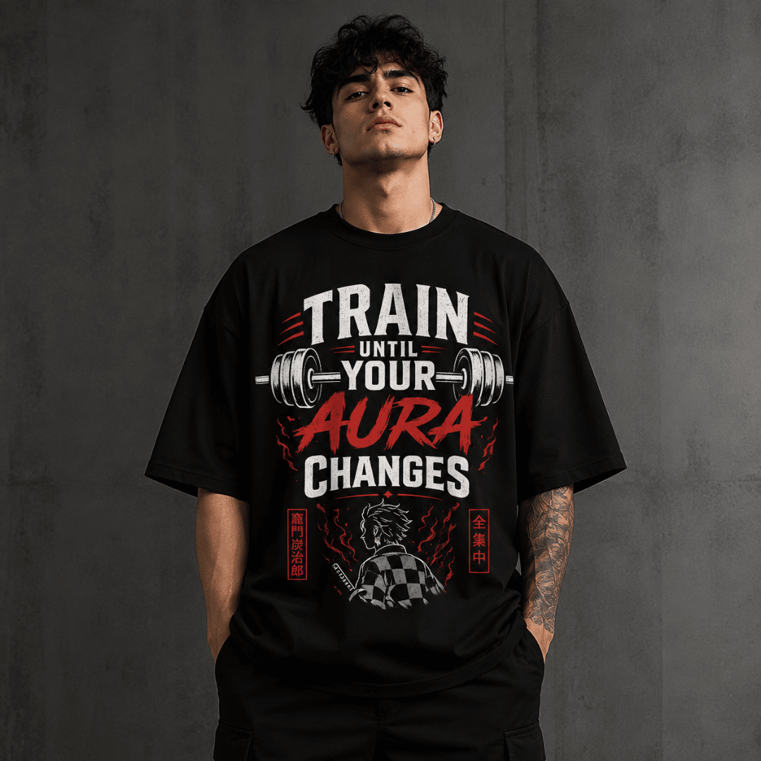 Train Until Your Aura Changes Oversized T-Shirt – Demon Slayer Inspired Gym Anime Tee