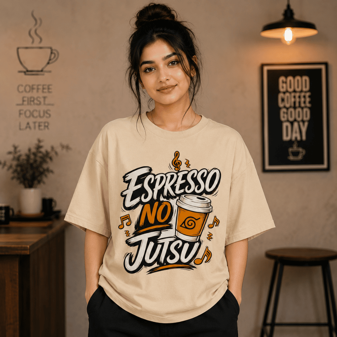Espresso No Jutsu Oversized T-Shirt for Coffee & Anime Lovers | Unisex Naruto-Inspired Graphic Tee