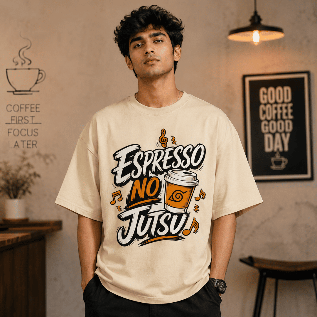 Espresso No Jutsu Oversized T-Shirt for Coffee & Anime Lovers | Unisex Naruto-Inspired Graphic Tee