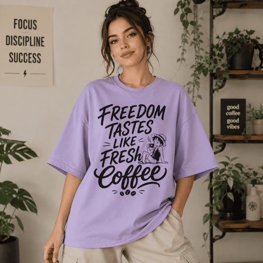 Freedom Tastes Like Fresh Coffee Oversized T-Shirt | Anime Coffee Lover Graphic Tee
