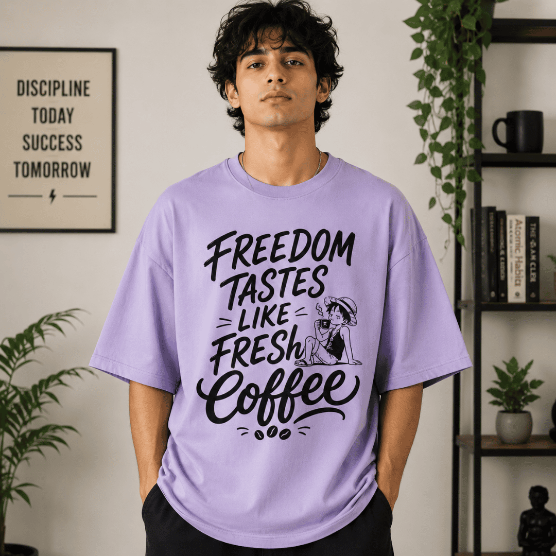 Freedom Tastes Like Fresh Coffee Oversized T-Shirt | Anime Coffee Lover Graphic Tee