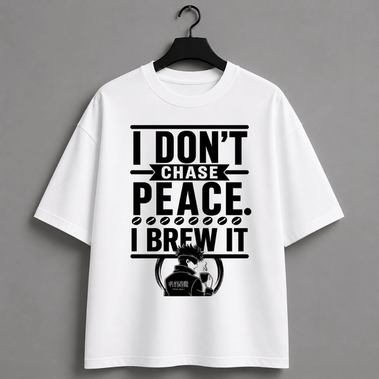 I Don’t Chase Peace, I Brew It Oversized Unisex T-Shirt | Anime Coffee Graphic Tee