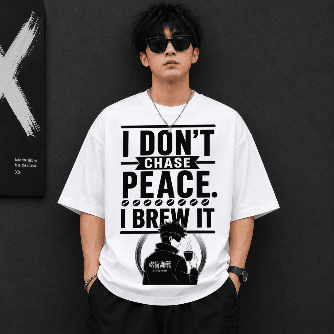 I Don’t Chase Peace, I Brew It Oversized Unisex T-Shirt | Anime Coffee Graphic Tee