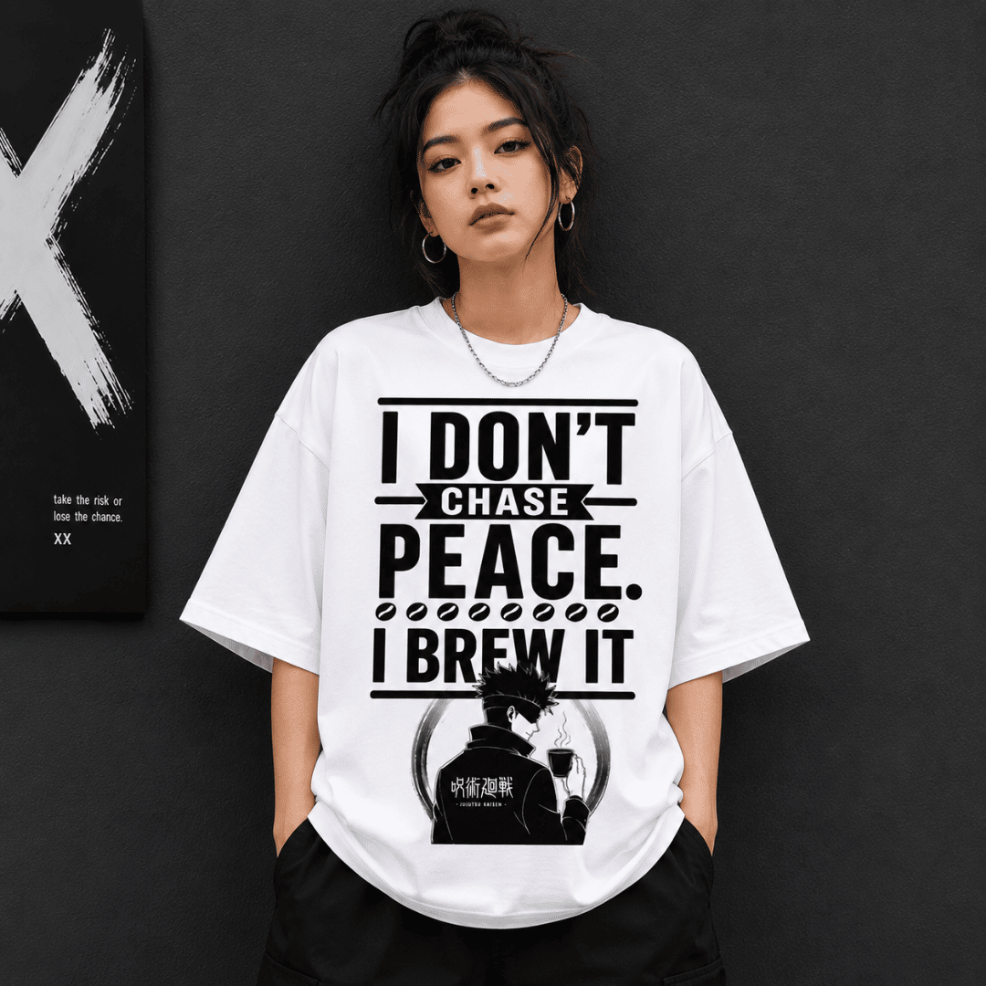I Don’t Chase Peace, I Brew It Oversized Unisex T-Shirt | Anime Coffee Graphic Tee