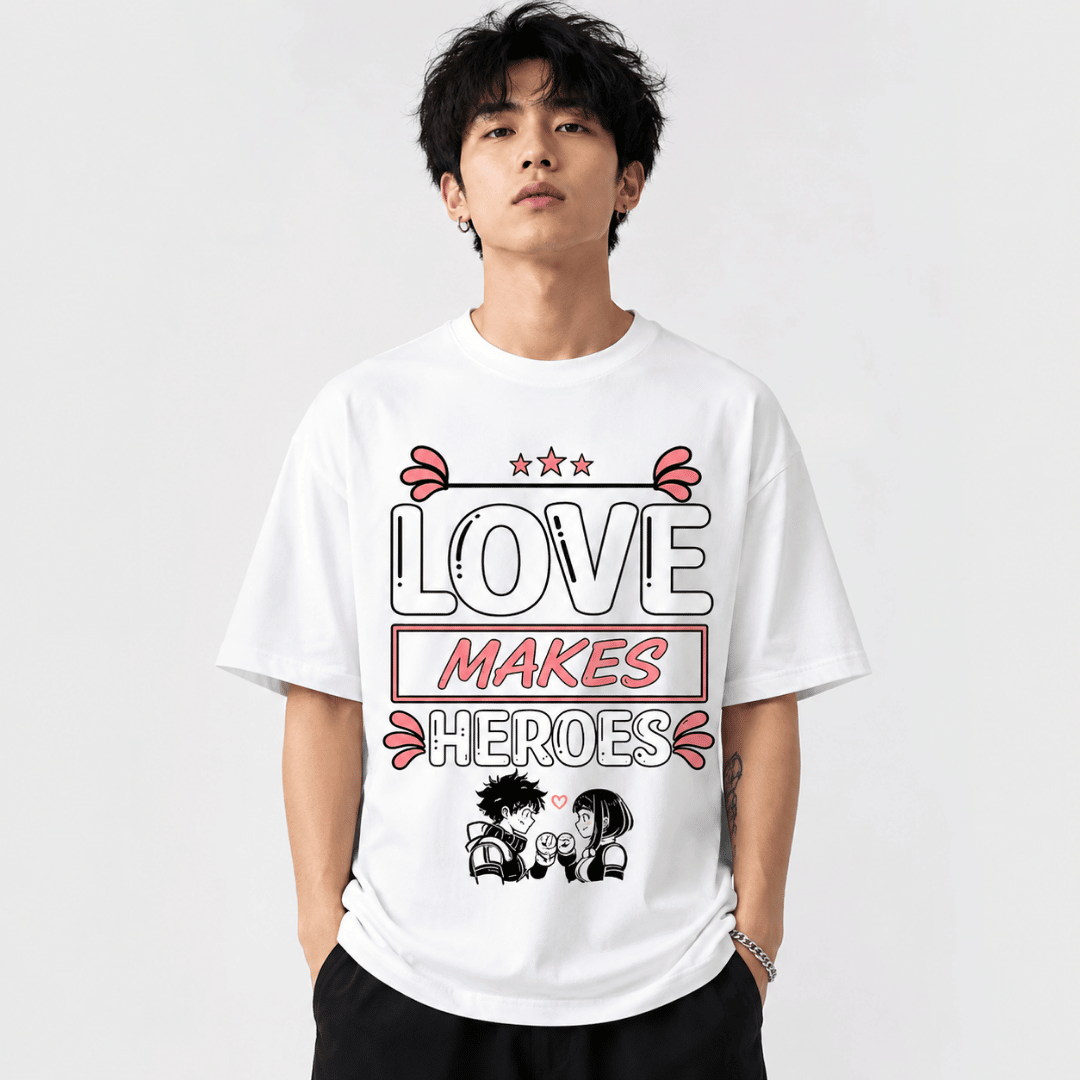 Love Makes Heroes Oversized T-Shirt | My Hero Academia Inspired Anime Couple Graphic Tee