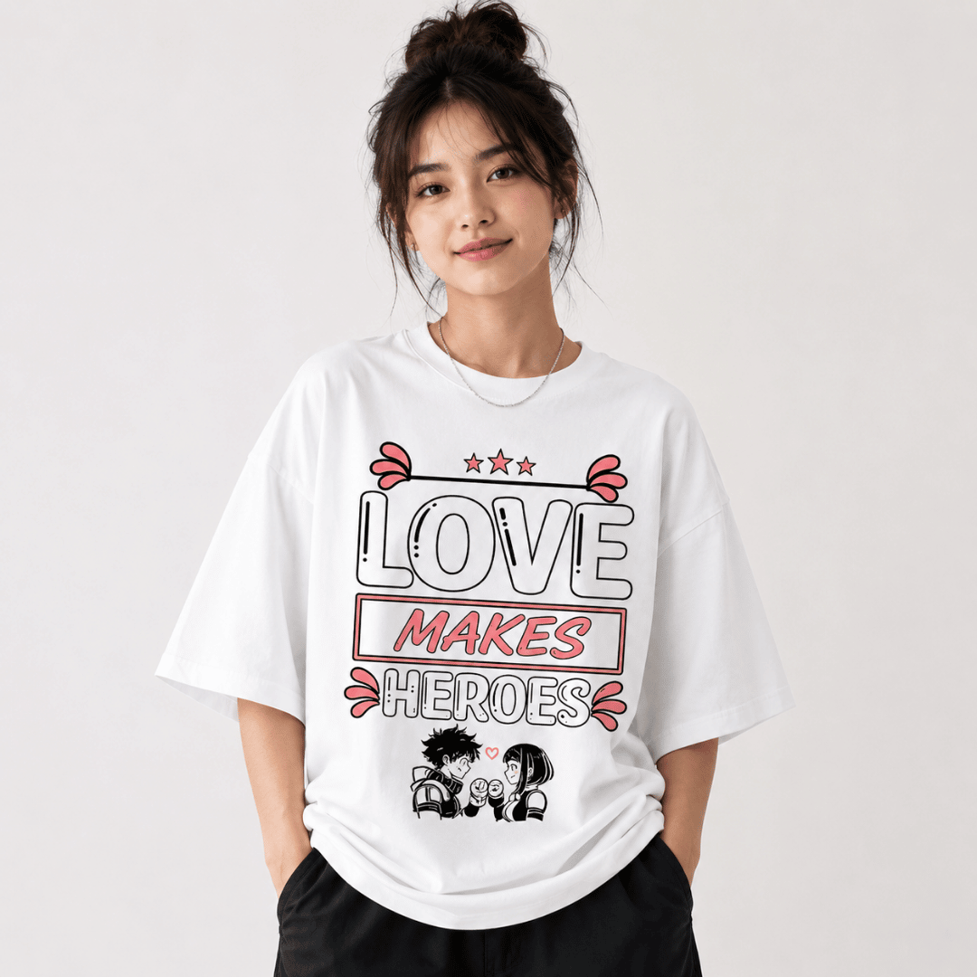 Love Makes Heroes Oversized T-Shirt | My Hero Academia Inspired Anime Couple Graphic Tee
