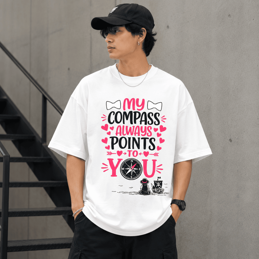 My Compass Always Points to You Oversized T-Shirt | One Piece Inspired Anime Couple Tee | Unisex Back Print