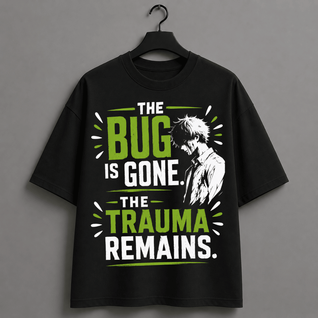 The Bug Is Gone. The Trauma Remains. Oversized T-Shirt for Developers & Anime Fans