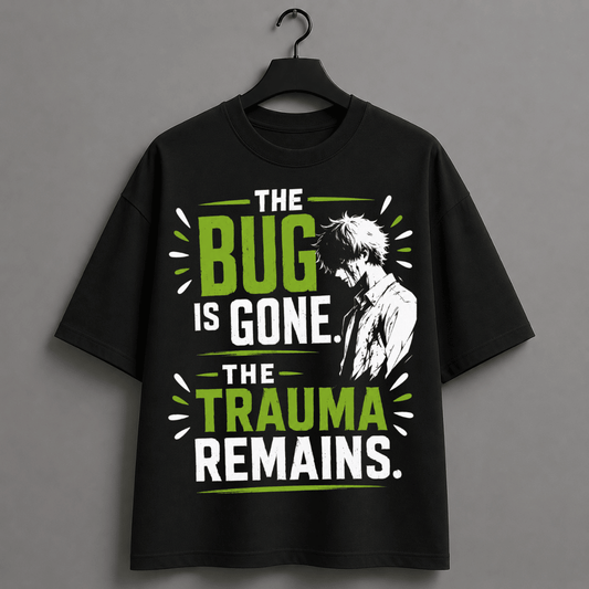 The Bug Is Gone. The Trauma Remains. Oversized T-Shirt for Developers & Anime Fans