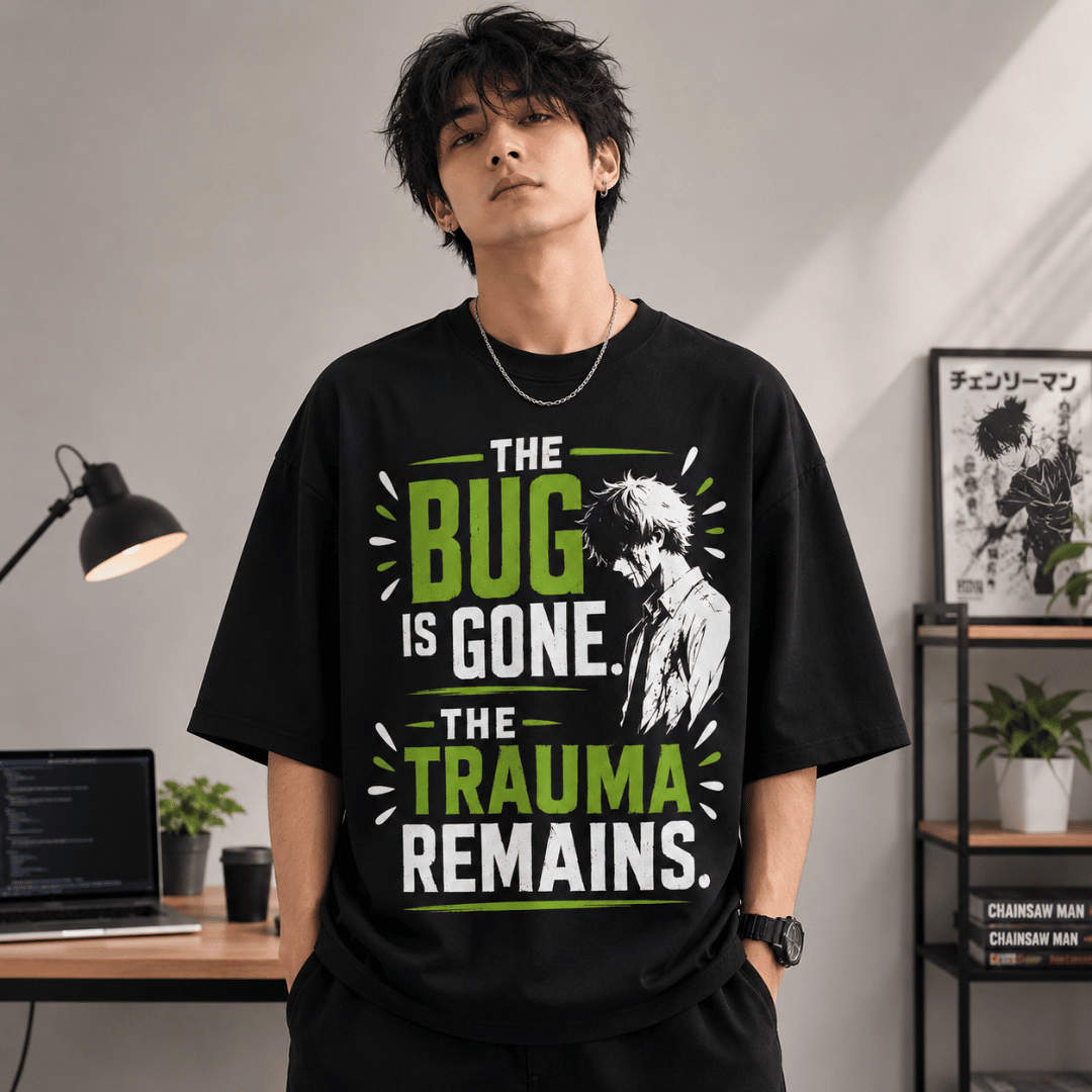 The Bug Is Gone. The Trauma Remains. Oversized T-Shirt for Developers & Anime Fans