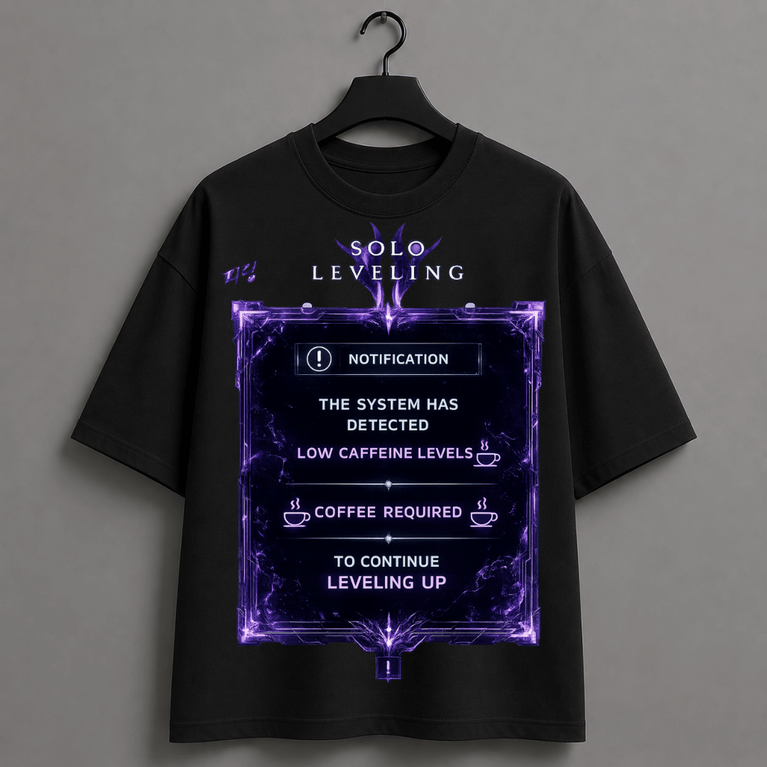 Solo Leveling Coffee Oversized Unisex T-Shirt – "The System Has Detected Low Caffeine Levels" Anime Graphic Tee