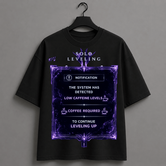 Solo Leveling Coffee Oversized Unisex T-Shirt – "The System Has Detected Low Caffeine Levels" Anime Graphic Tee