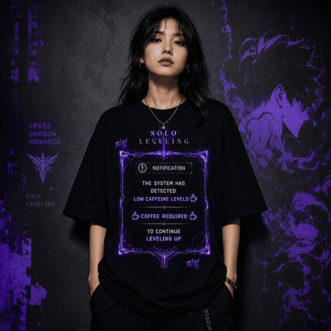 Solo Leveling Coffee Oversized Unisex T-Shirt – "The System Has Detected Low Caffeine Levels" Anime Graphic Tee
