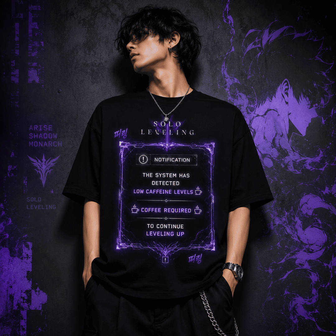 Solo Leveling Coffee Oversized Unisex T-Shirt – "The System Has Detected Low Caffeine Levels" Anime Graphic Tee