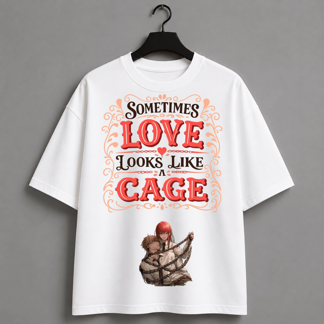 Sometimes Love Looks Like a Cage Oversized T-Shirt | Chainsaw Man Inspired Anime Couple Graphic Tee