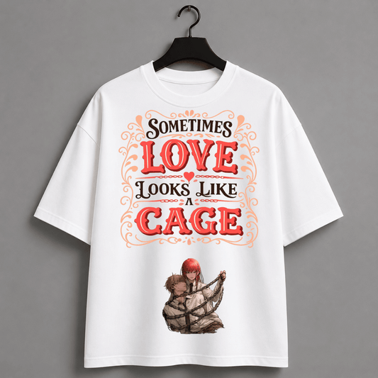 Sometimes Love Looks Like a Cage Oversized T-Shirt | Chainsaw Man Inspired Anime Couple Graphic Tee