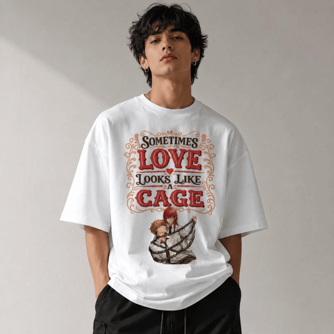 Sometimes Love Looks Like a Cage Oversized T-Shirt | Chainsaw Man Inspired Anime Couple Graphic Tee