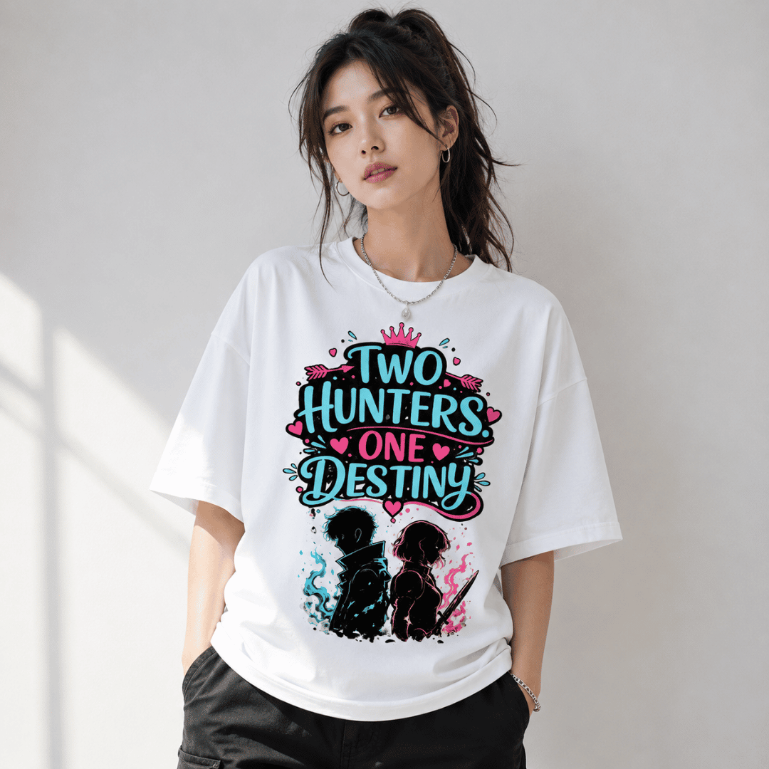 Two Hunters One Destiny Oversized T-Shirt | Solo Leveling Inspired Cha Hae-In & Jin-Woo Anime Tee