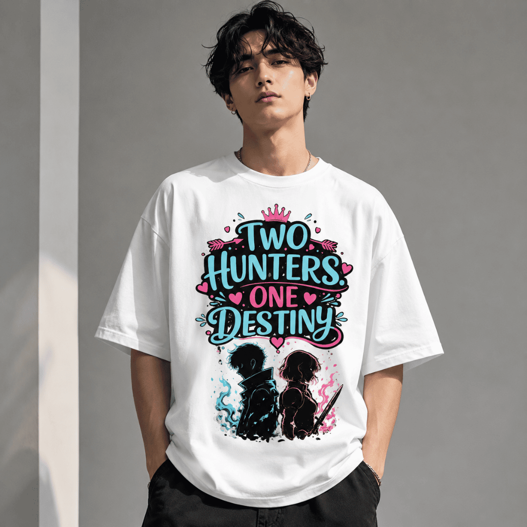 Two Hunters One Destiny Oversized T-Shirt | Solo Leveling Inspired Cha Hae-In & Jin-Woo Anime Tee
