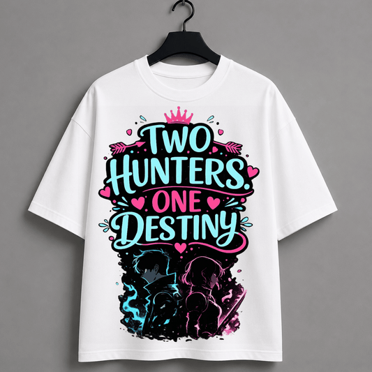 Two Hunters One Destiny Oversized T-Shirt | Solo Leveling Inspired Cha Hae-In & Jin-Woo Anime Tee