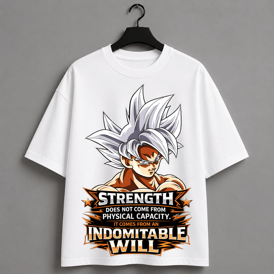 Ultra Instinct Goku Oversized T-Shirt | Strength Quote Anime Tee for Men