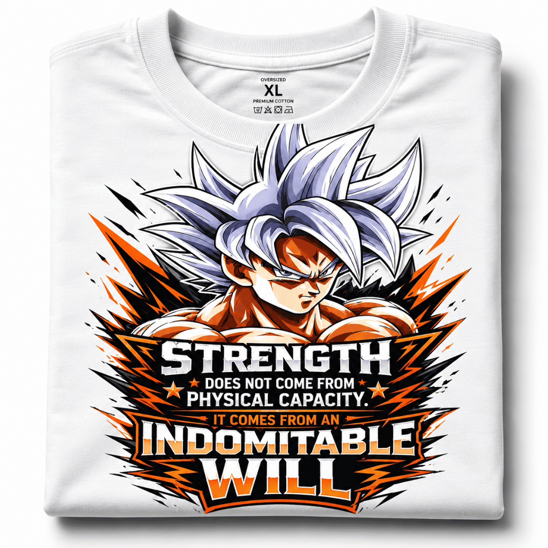 Ultra Instinct Goku Oversized T-Shirt | Strength Quote Anime Tee for Men