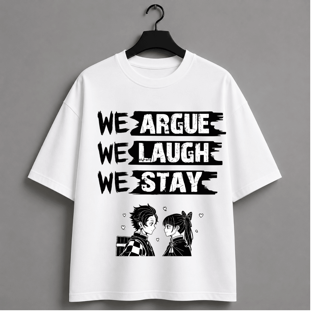 We Argue We Laugh We Stay Oversized Anime T-Shirt – Demon Slayer Inspired Couple Graphic Tee