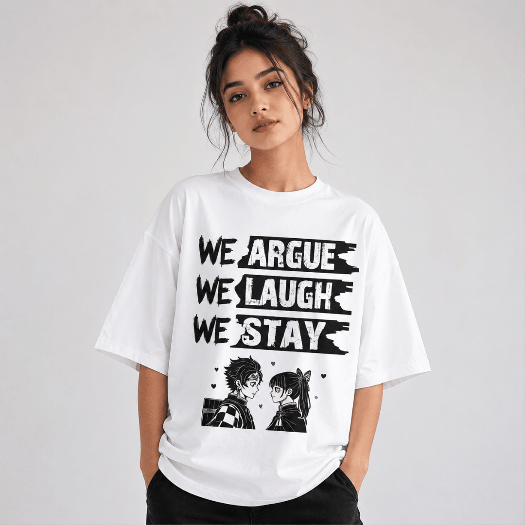 We Argue We Laugh We Stay Oversized Anime T-Shirt – Demon Slayer Inspired Couple Graphic Tee