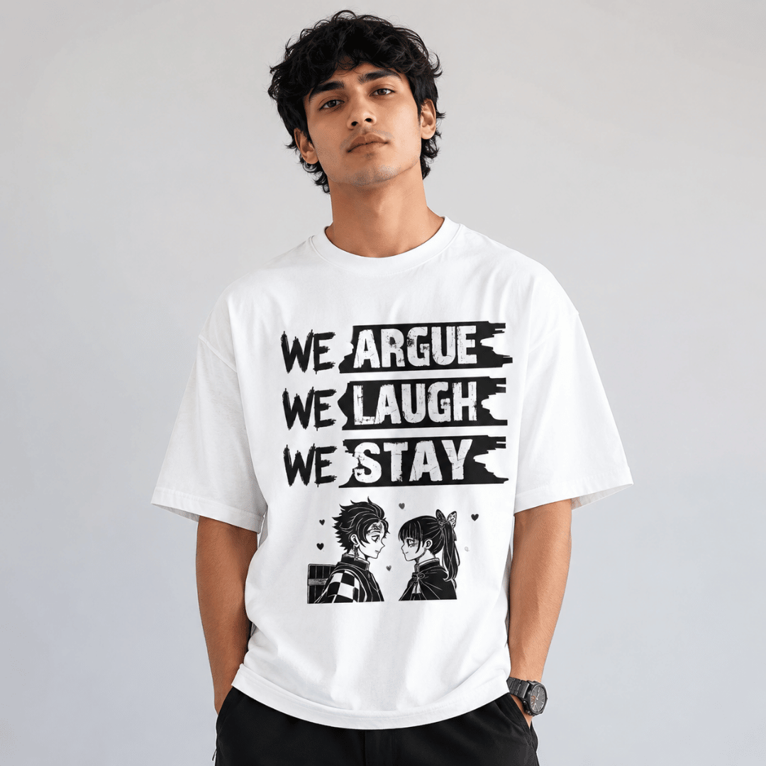 We Argue We Laugh We Stay Oversized Anime T-Shirt – Demon Slayer Inspired Couple Graphic Tee