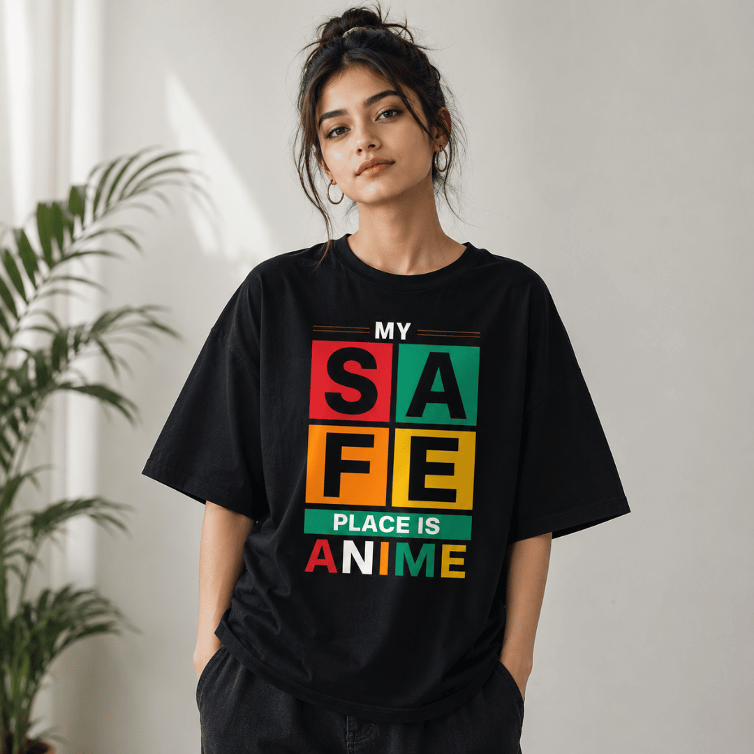 My Safe Place Is Anime Oversized T-Shirt | Minimal Anime Typography Graphic Tee for Men & Women