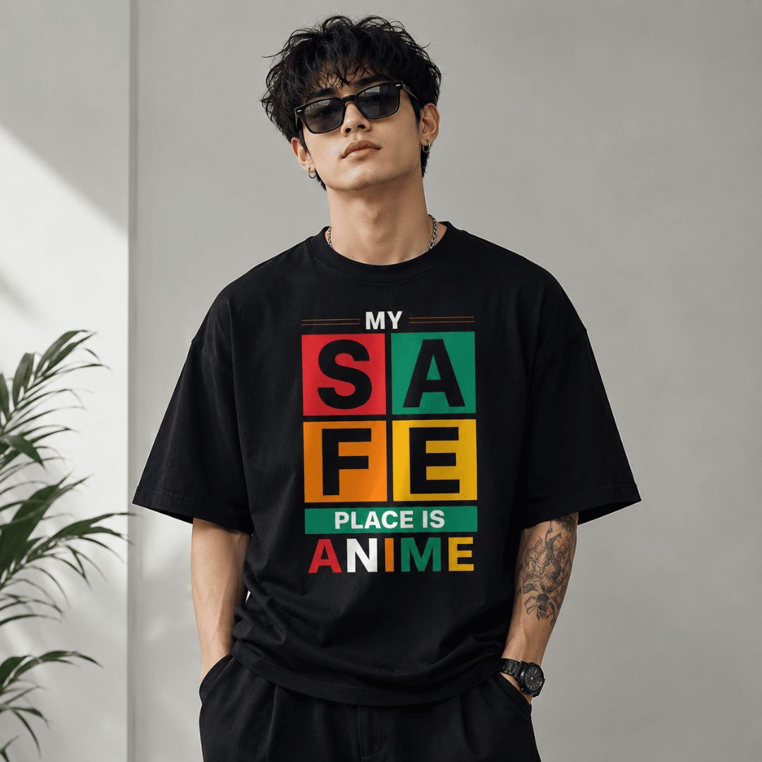 My Safe Place Is Anime Oversized T-Shirt | Minimal Anime Typography Graphic Tee for Men & Women